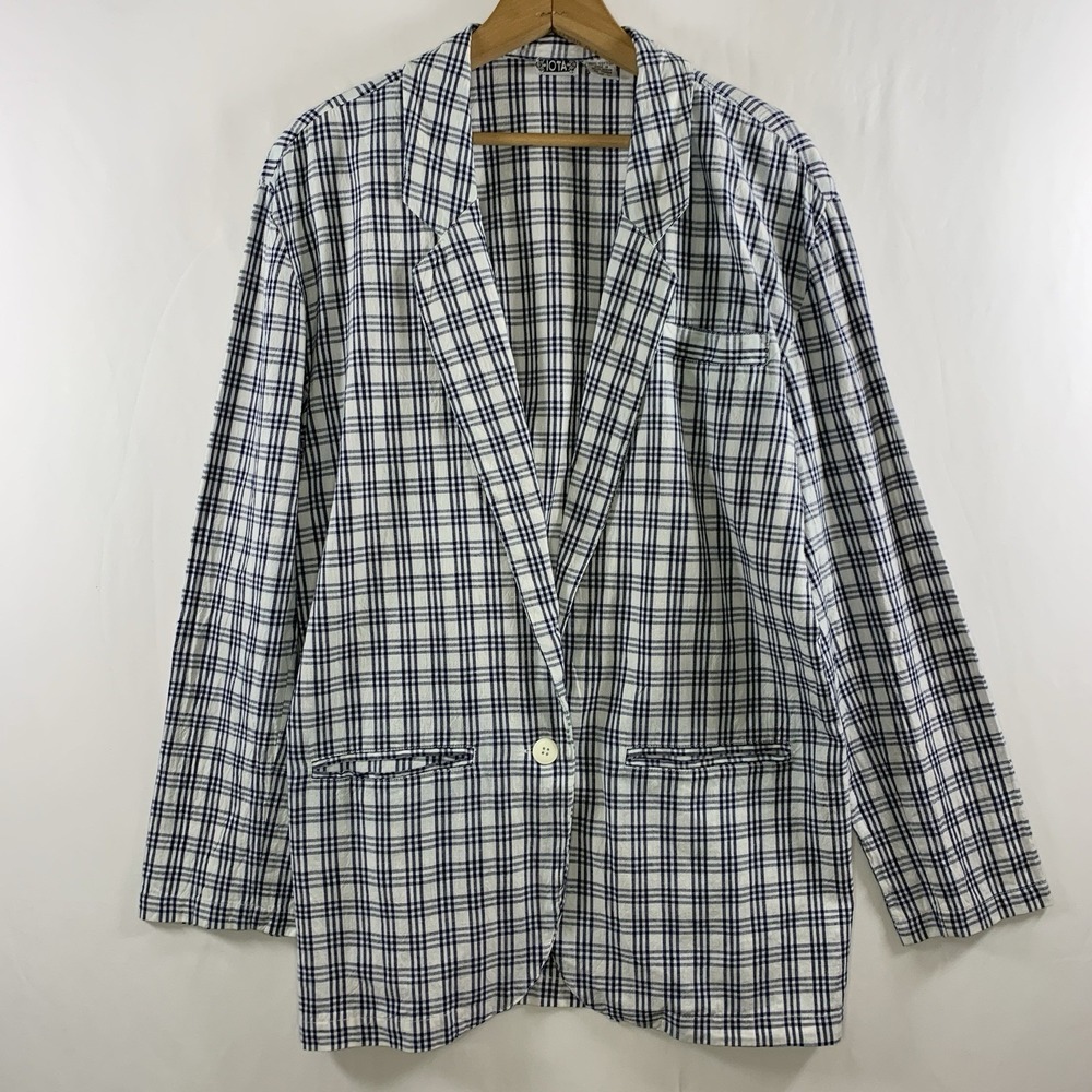 VTG Womens Windowpane Plaid Cotton Boxy Sack Blazer Size L Ivy League Preppy